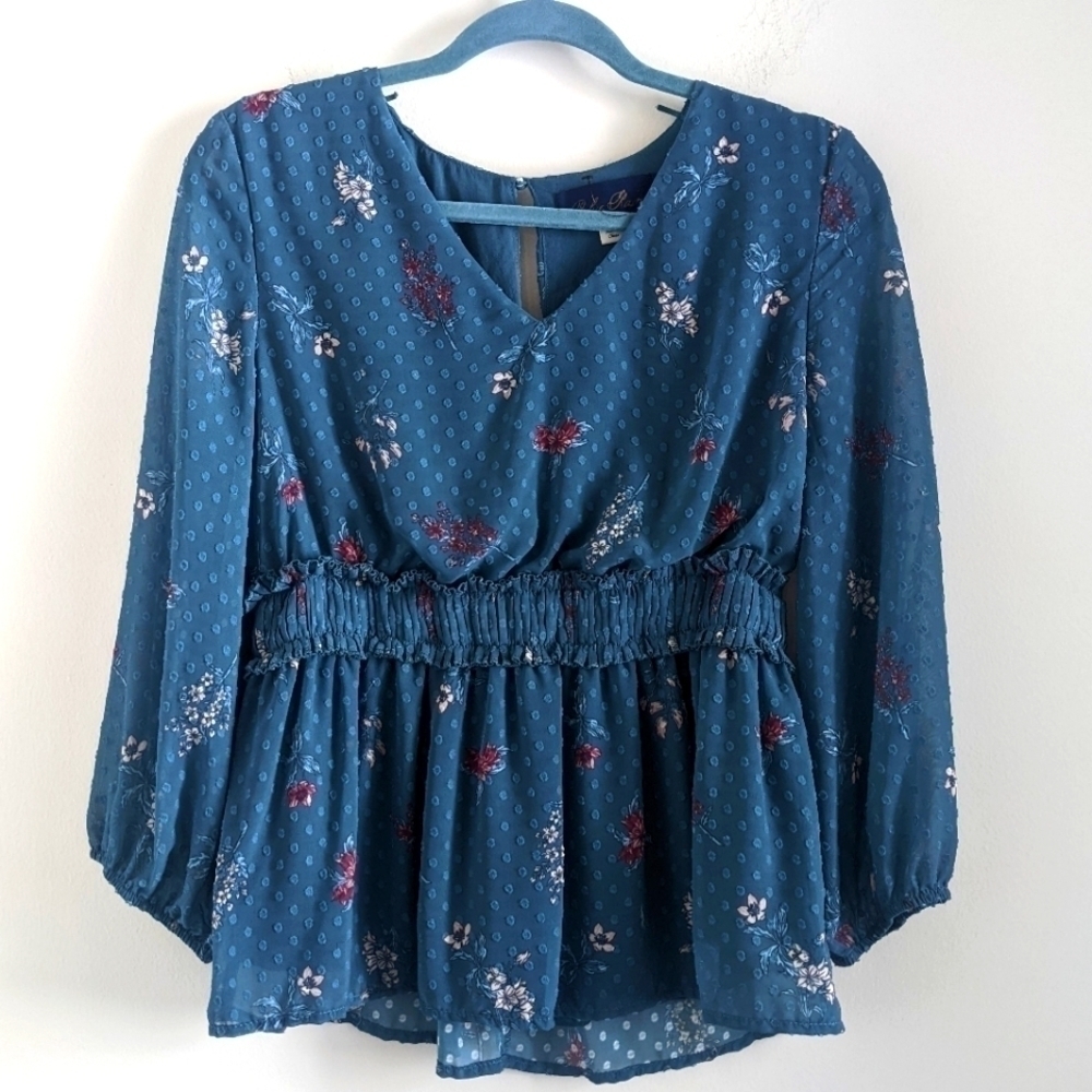 BLUE Rain Floral Peplum Blouse with V Neck S NWOT
